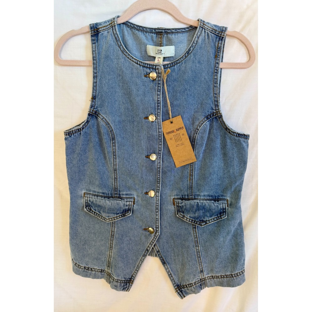 Thread & Supply Denim Vest Light Wash Blue Button Front Waistcoat NWT Large